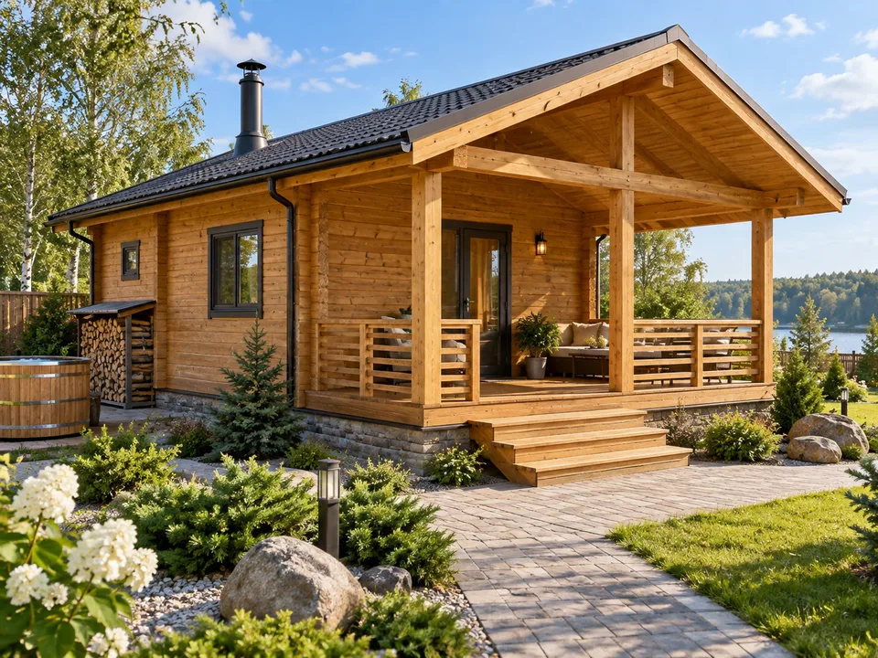 Деревянная баня с террасой, 36 м²